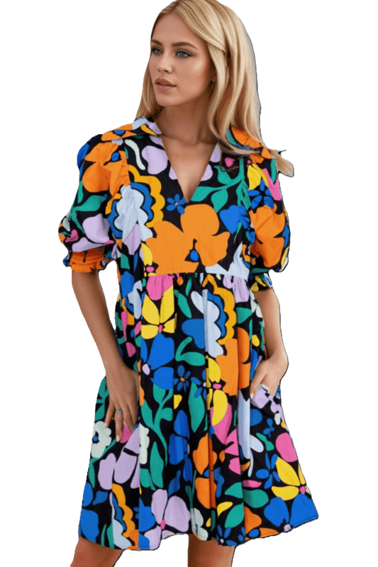 Printed Johnny Collar Half Sleeve Mini Dress