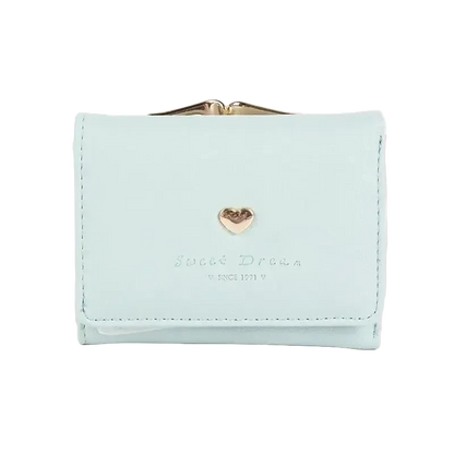 Light blue wallet with a heart-shaped logo on a white background