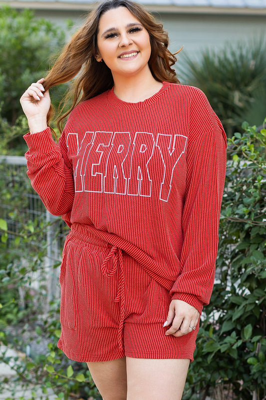 Woman wearing a red 'YERRY' outfit with greenery in the background